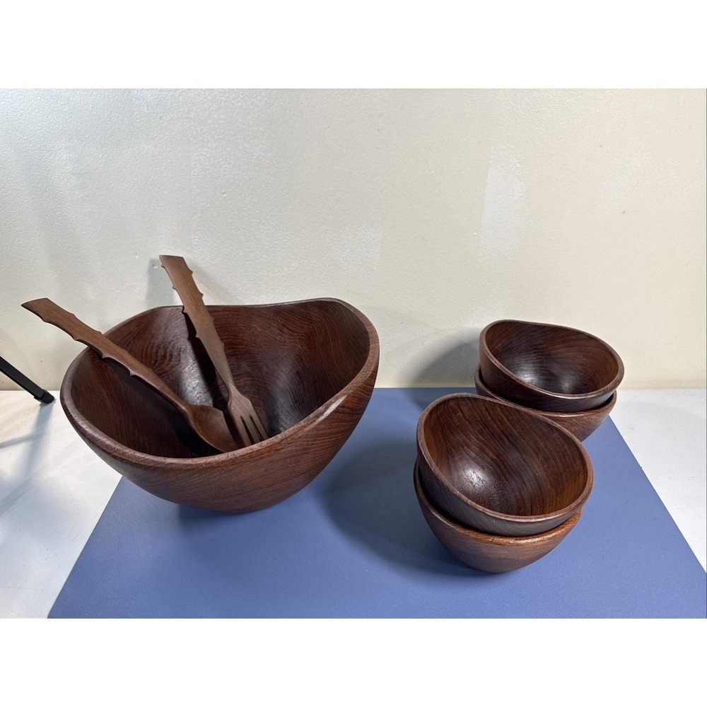 Vintage Goodwood Teak Wood Salad Bowl Set 7pc MCM Thailand Hand Carved Serving